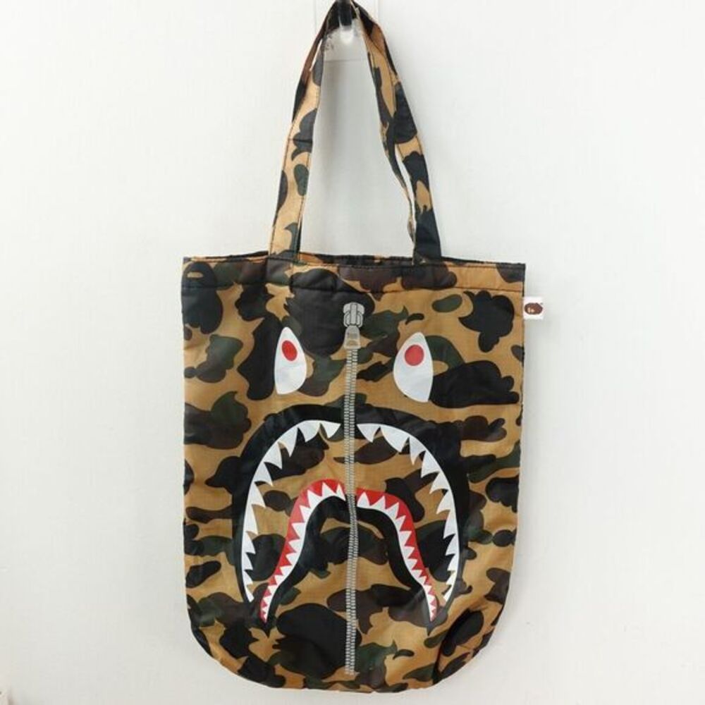 A‎ Bathing Ape Tote Grocery Shark Camo Bag Brown Khaki BAPE Open Shopper Bucket